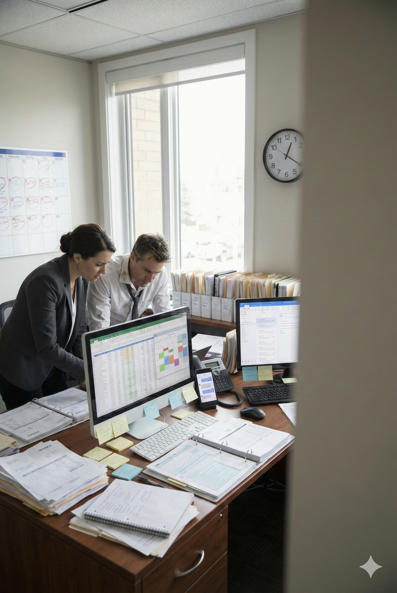 Equipo de asesoría contable y fiscal trabajando con software ERP en despacho profesional