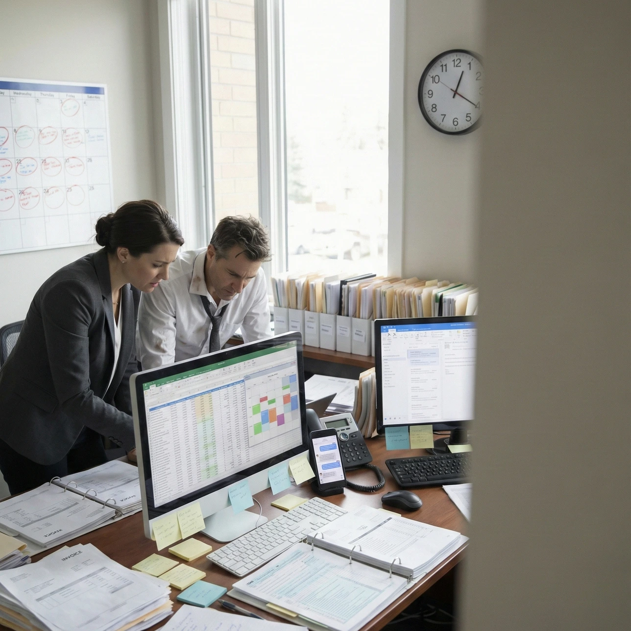 Equipo de asesoría contable y fiscal trabajando con software ERP en despacho profesional