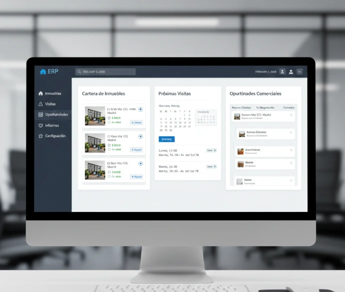 Panel de control de ERP para inmobiliarias con cartera de inmuebles y actividad comercial
