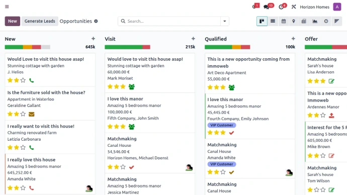 CRM inmobiliario en Odoo con gestión de leads, visitas y oportunidades