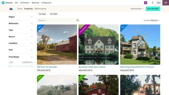 Gestión de cartera inmobiliaria en ERP con fichas de inmuebles y estados comerciales