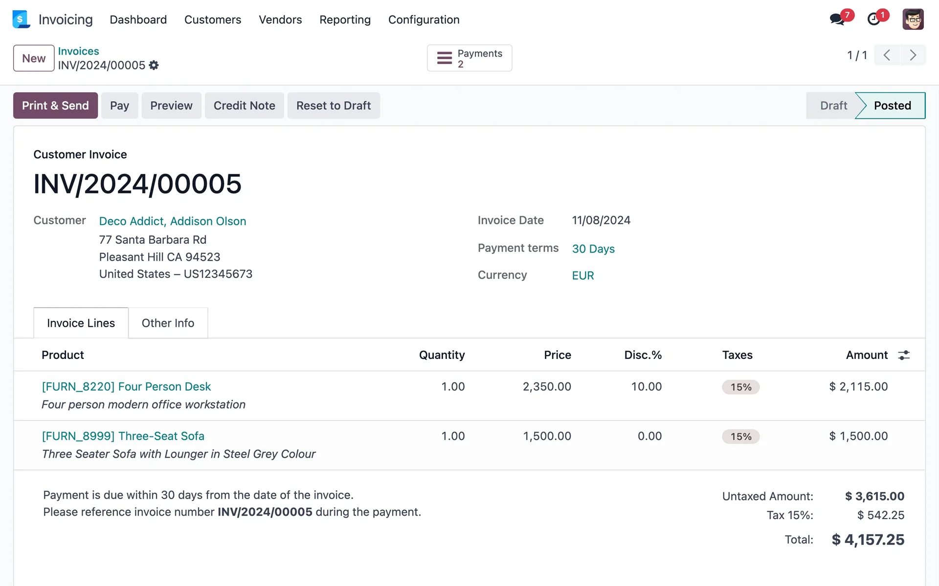 Pantalla de facturación electrónica en Odoo ERP con formato Facturae generado automáticamente